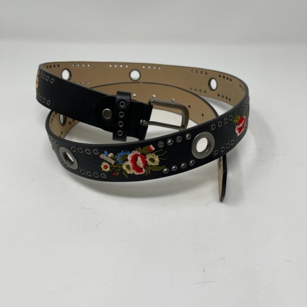 black belt floral embroidery grommets boho style L/XL